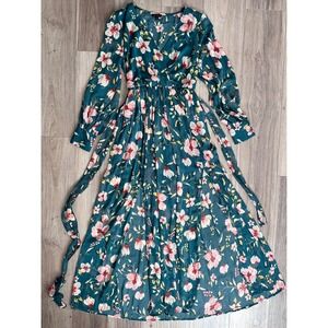 Teal Pink Floral Maxi Dress Sheer Long Sleeve Chiffon L Etherial Garden Romantic